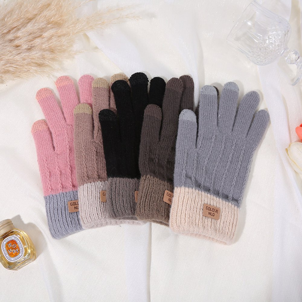 Knitted Gloves Korean & Japanese Style Solid Color Mink Fur Five-Finger Winter Warm Gloves